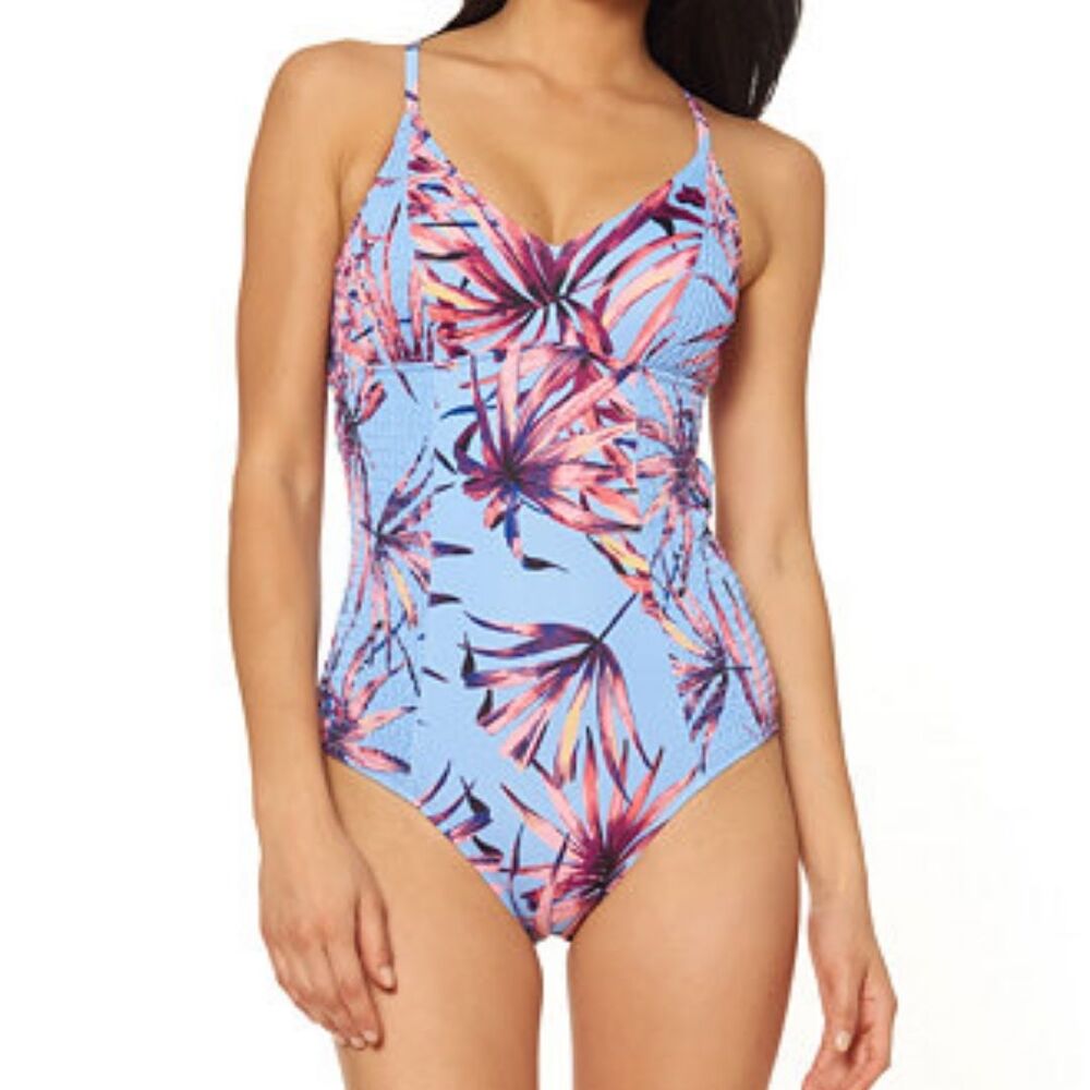 JESSICA SIMPSON Palmy Days Smocked Cross Back One Piece Swim Bathing Suit NWT XL